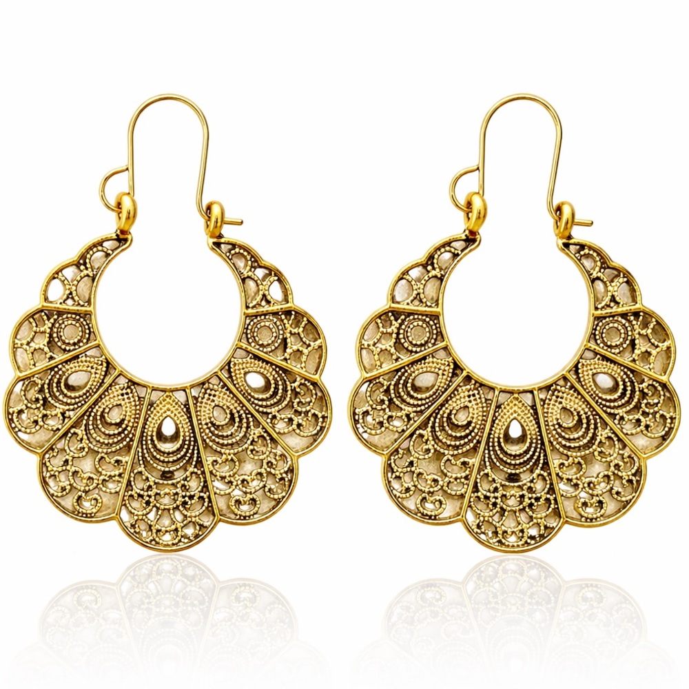 Boho Antique Gold-Tone Crescent-Shaped Scalloped Outer Edge Hoop Earrings, NWT